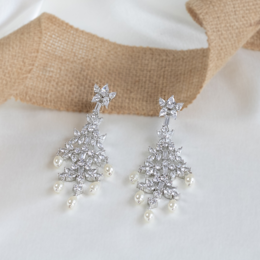 White Finish Faux Diamond & Pearl Dangler Earrings