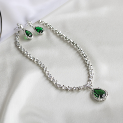 White Finish Faux Diamond and Emerald Necklace Set