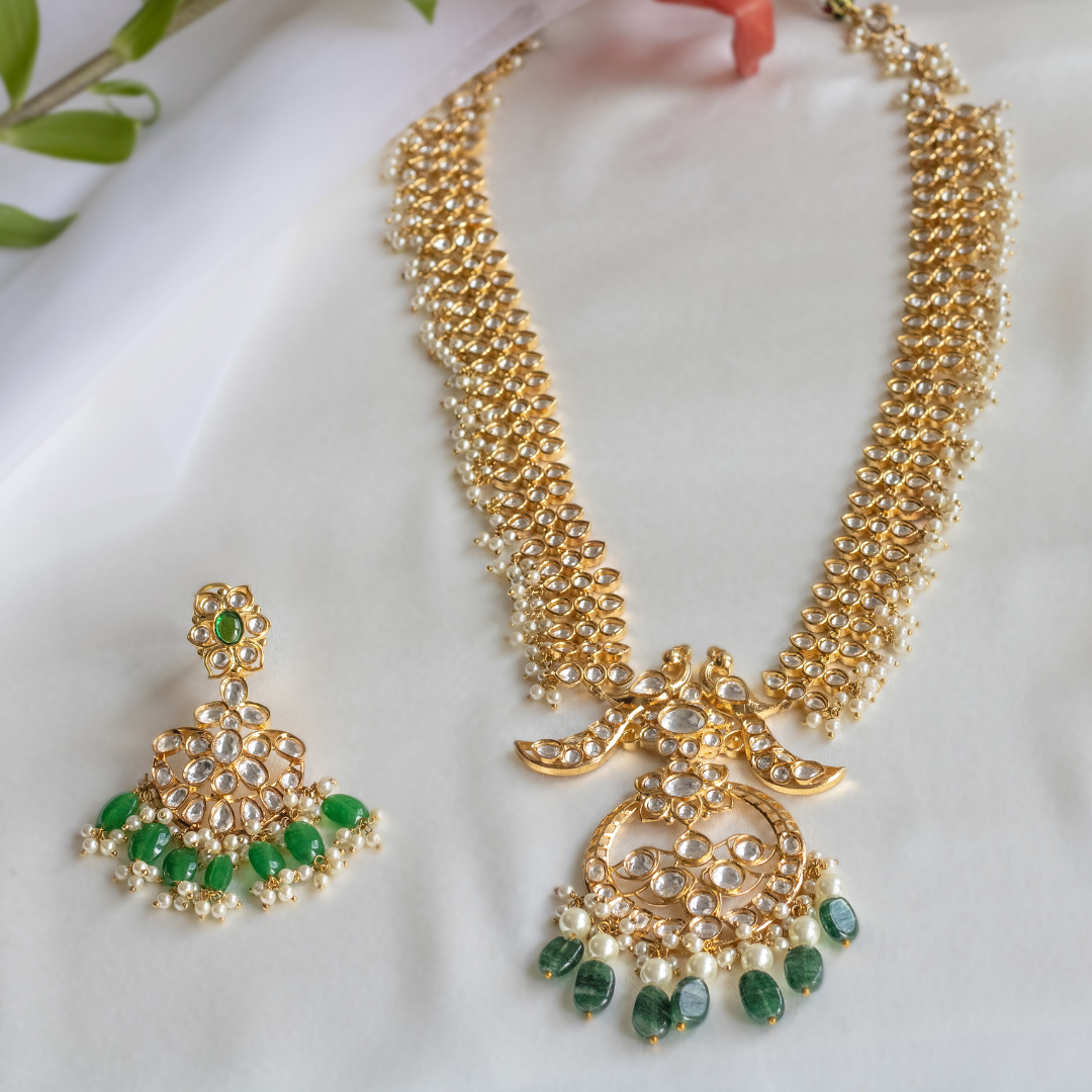 Gold Finish Kundan polki & Green Stone Necklace Set