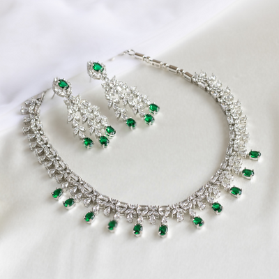 White Finish Faux Diamond and Emerald Necklace Set