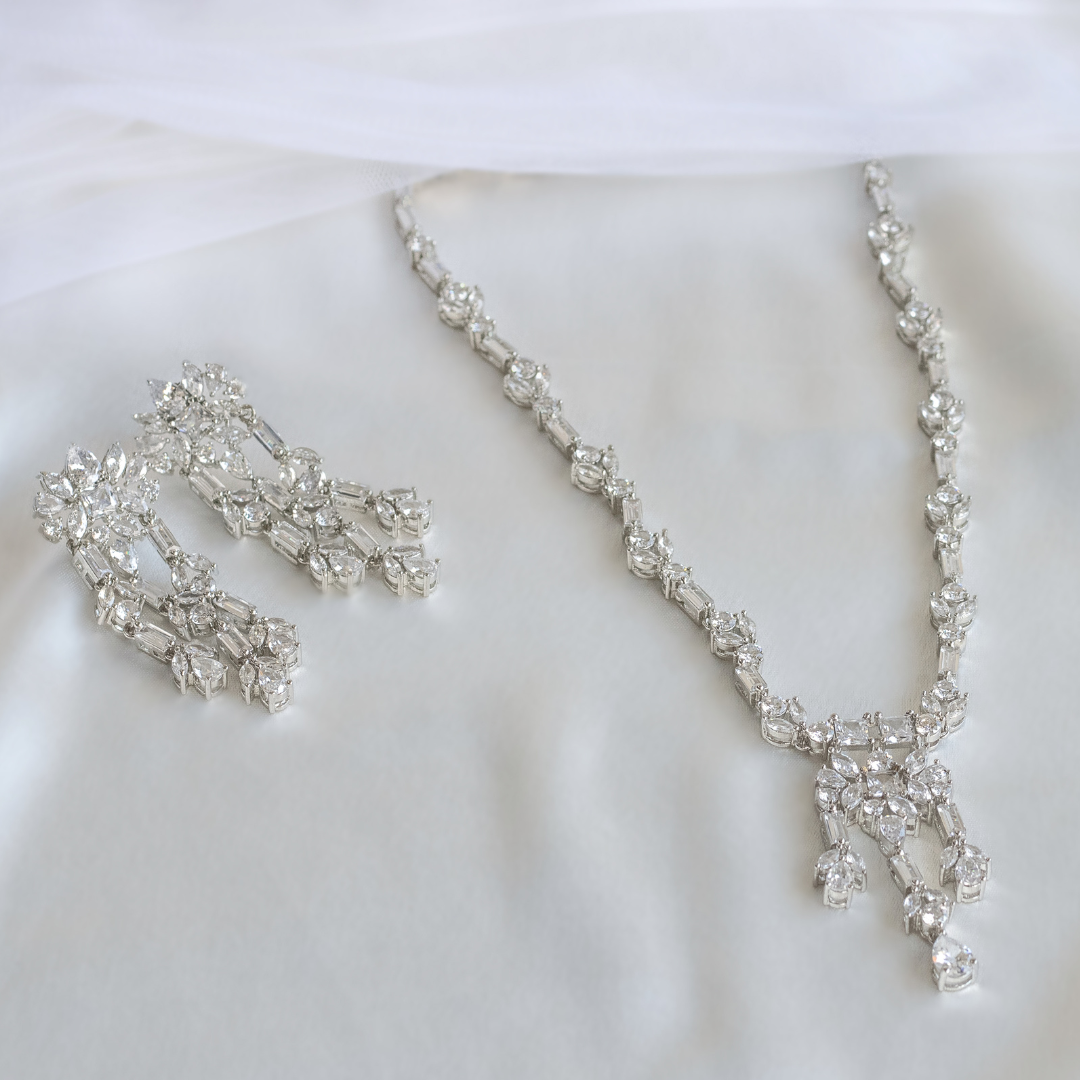 White Finish Faux Diamond Necklace Set