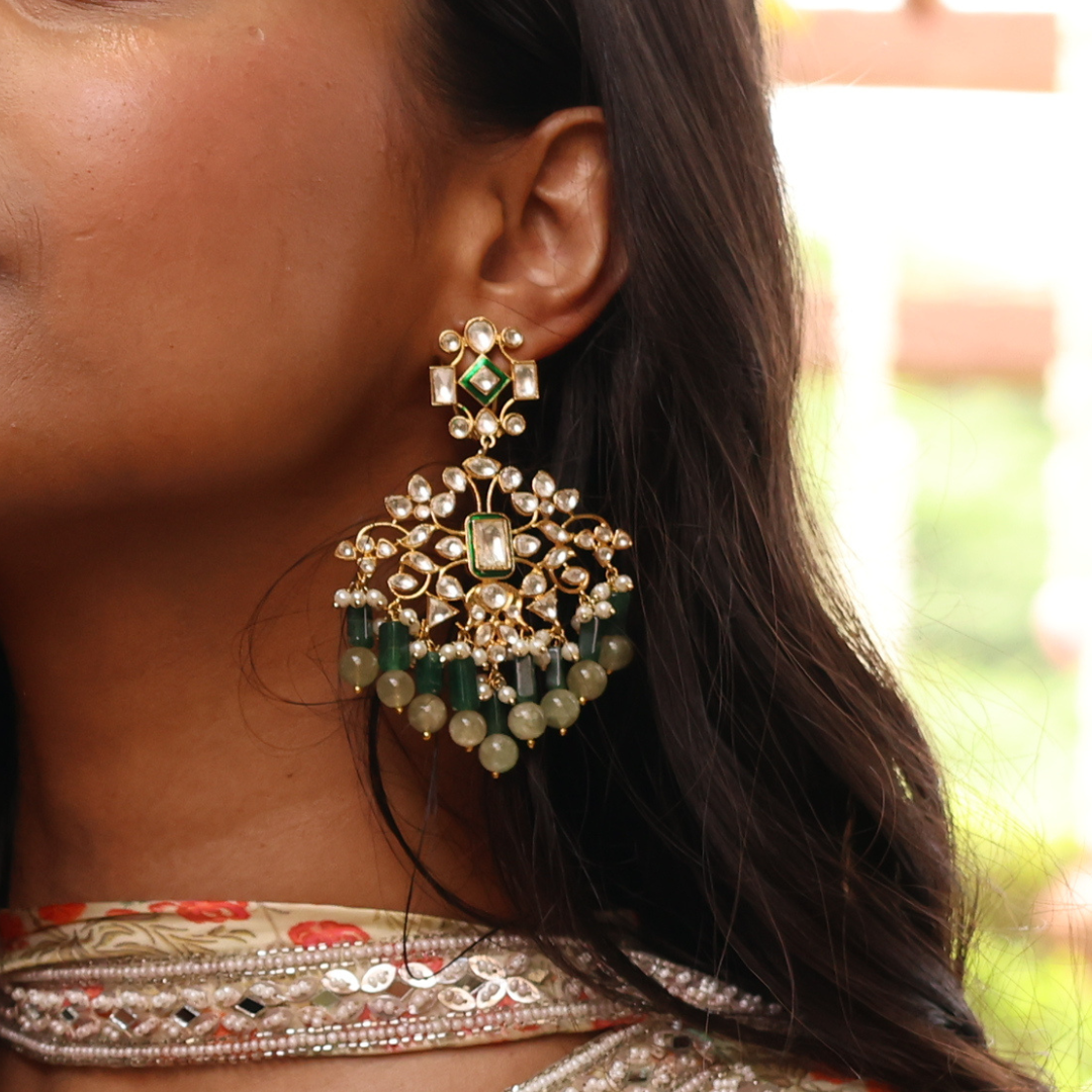 Gold Finish Kundan polki Earring in Green Stone