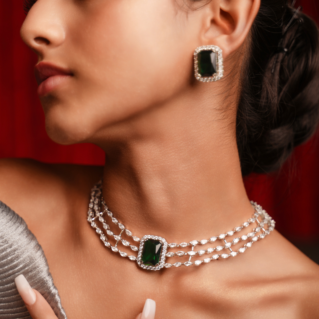 Buy Karatcart Silver Tone Green American Diamond Necklace Set online from  Karat Cart